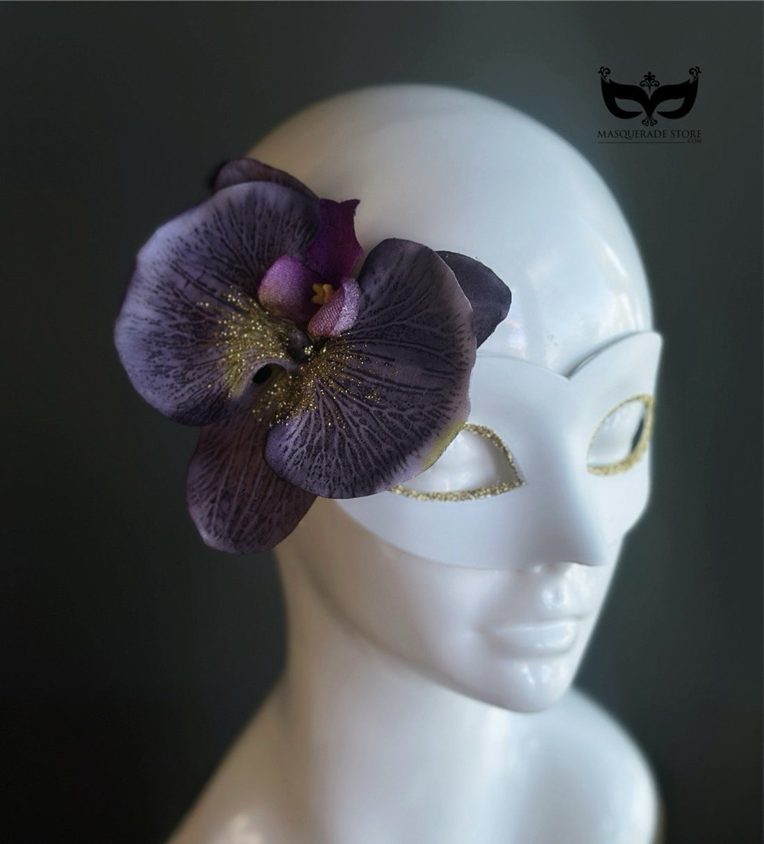White Venetian Mask with Orchid Flower