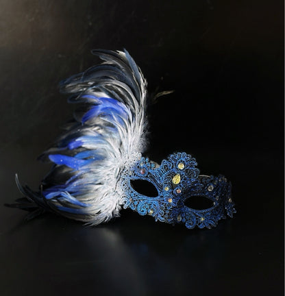 Regal Plume Couples Mask Set - Blue/Silver