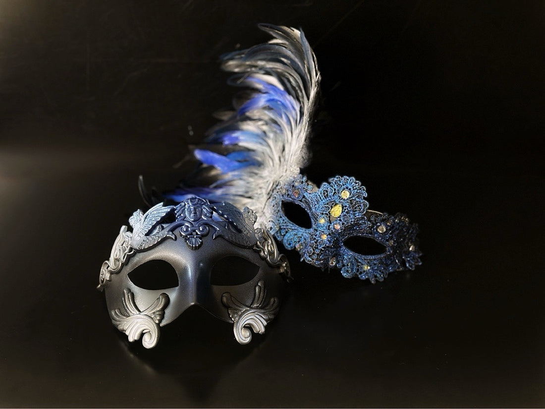 Regal Plume Couples Mask Set - Blue/Silver