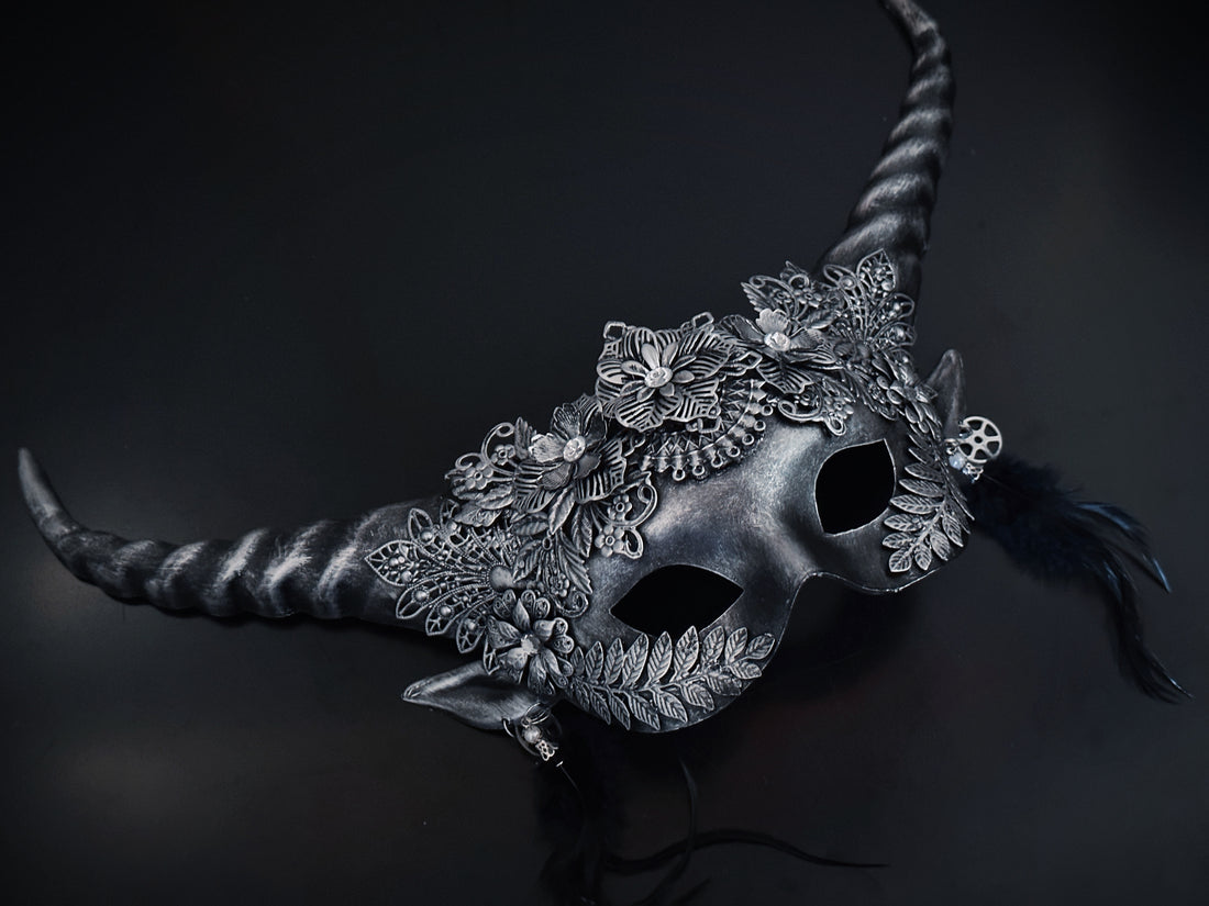 Mythical Horn Mask - Floral Fantasy Silver