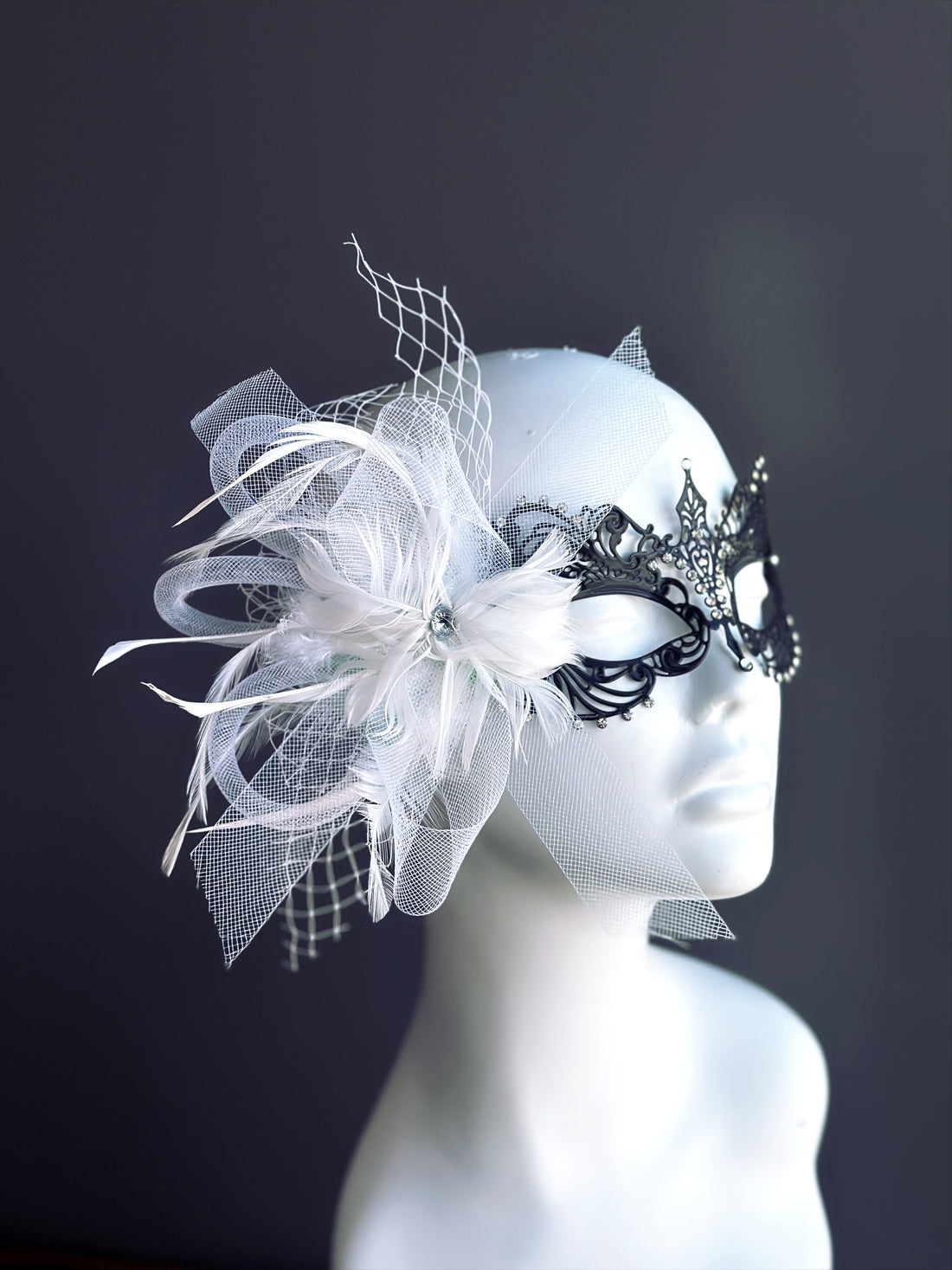 Ana Black Metal Mask - White Feathers