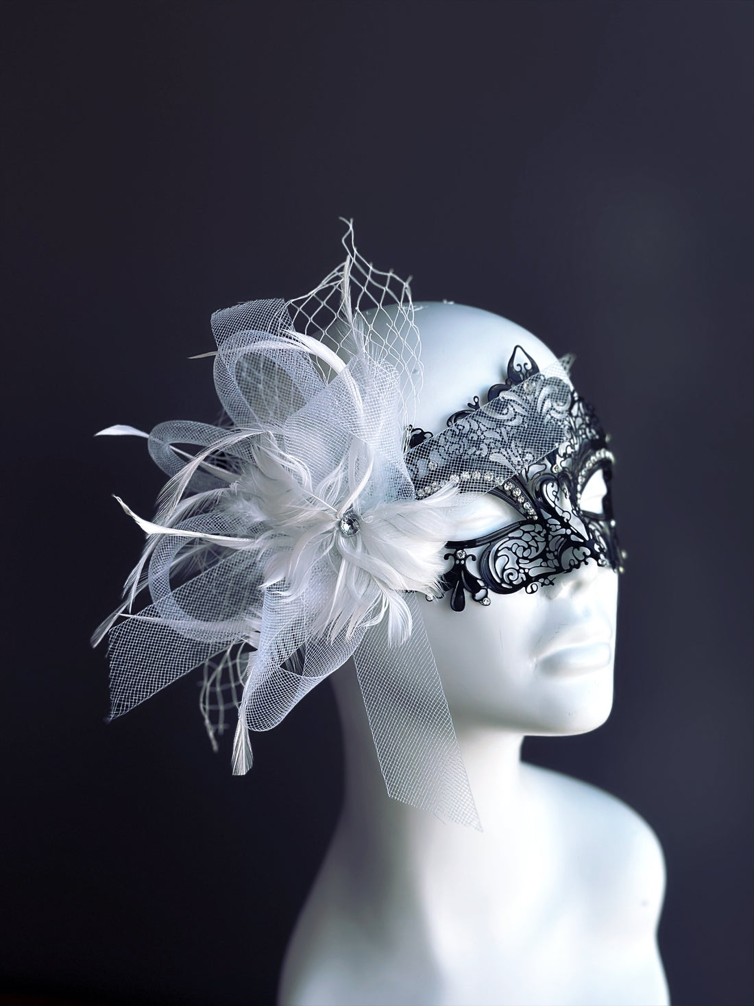 Elegant Venetian Metal Mask -  White Jeweled Feather