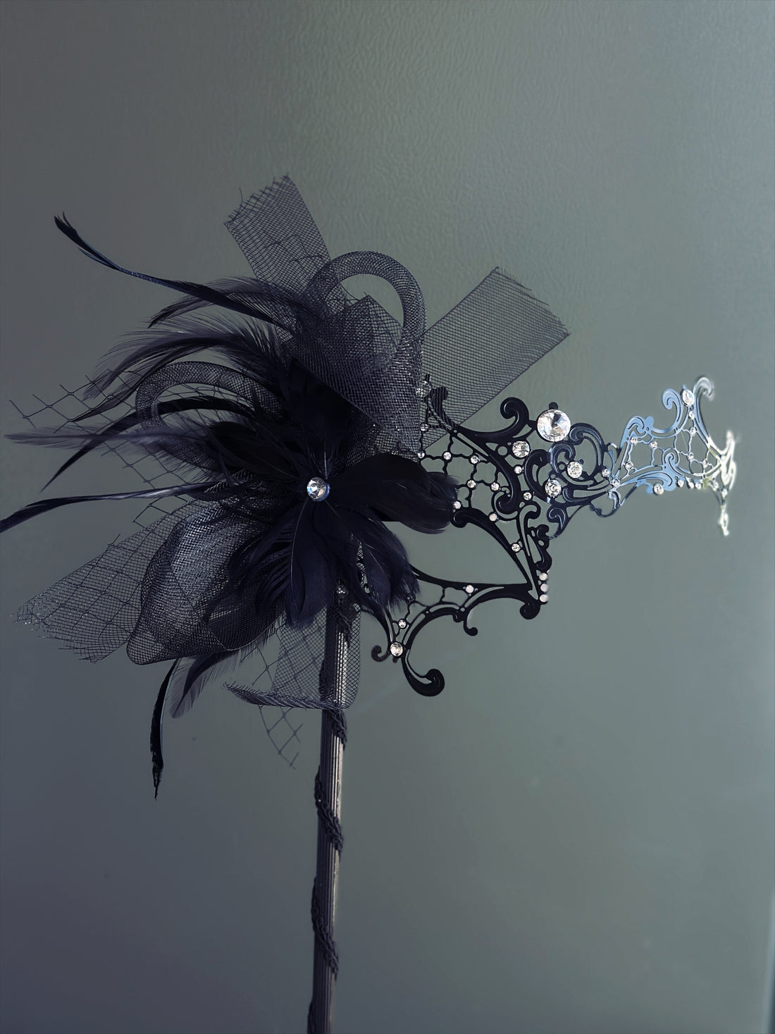 Phantom Black Metal Mask - Black Feathers