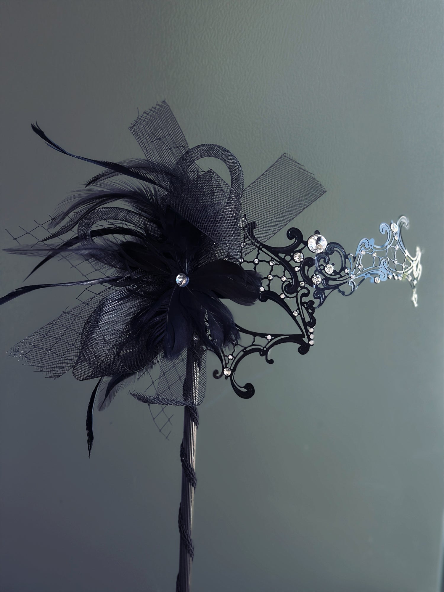 Phantom Black Metal Mask - Black Feathers