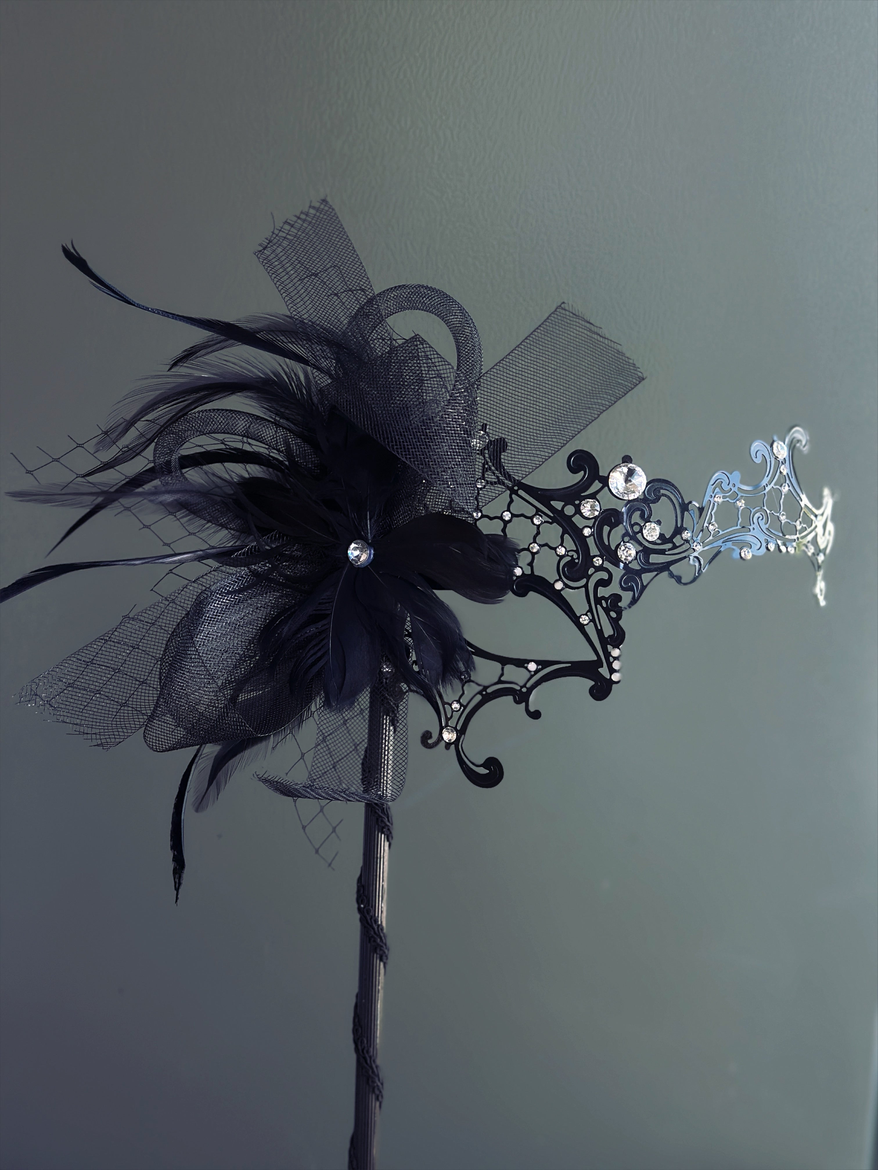 Phantom Black Metal Mask - Black Feathers