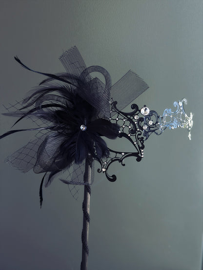 Phantom Black Metal Mask - Black Feathers