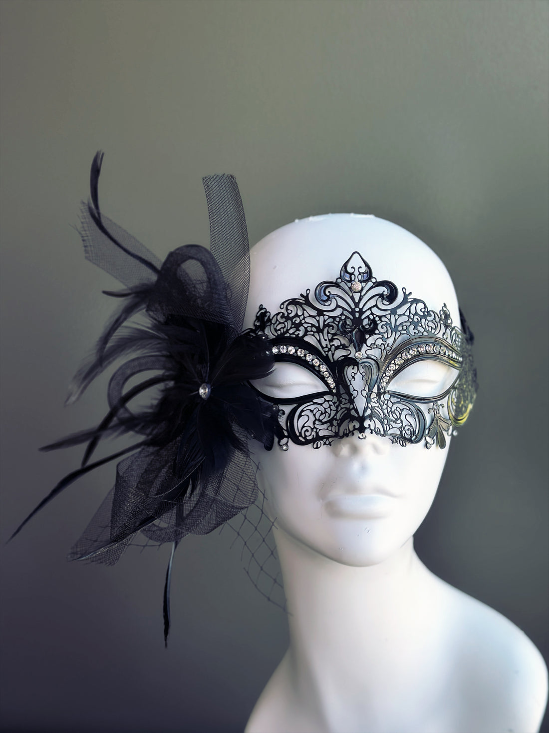 Elegant Venetian Metal Mask -  Black Jeweled Feather