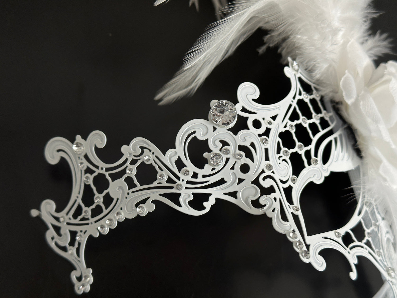 Metal Rhinestone Feather Mask - White