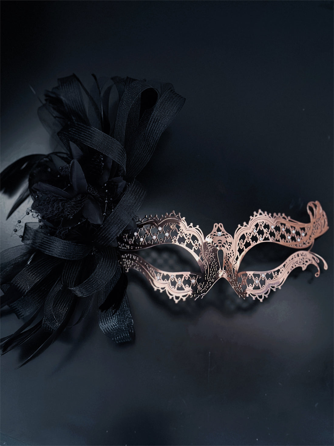 Katherine Rose Gold Metal Mask - Black Tulle