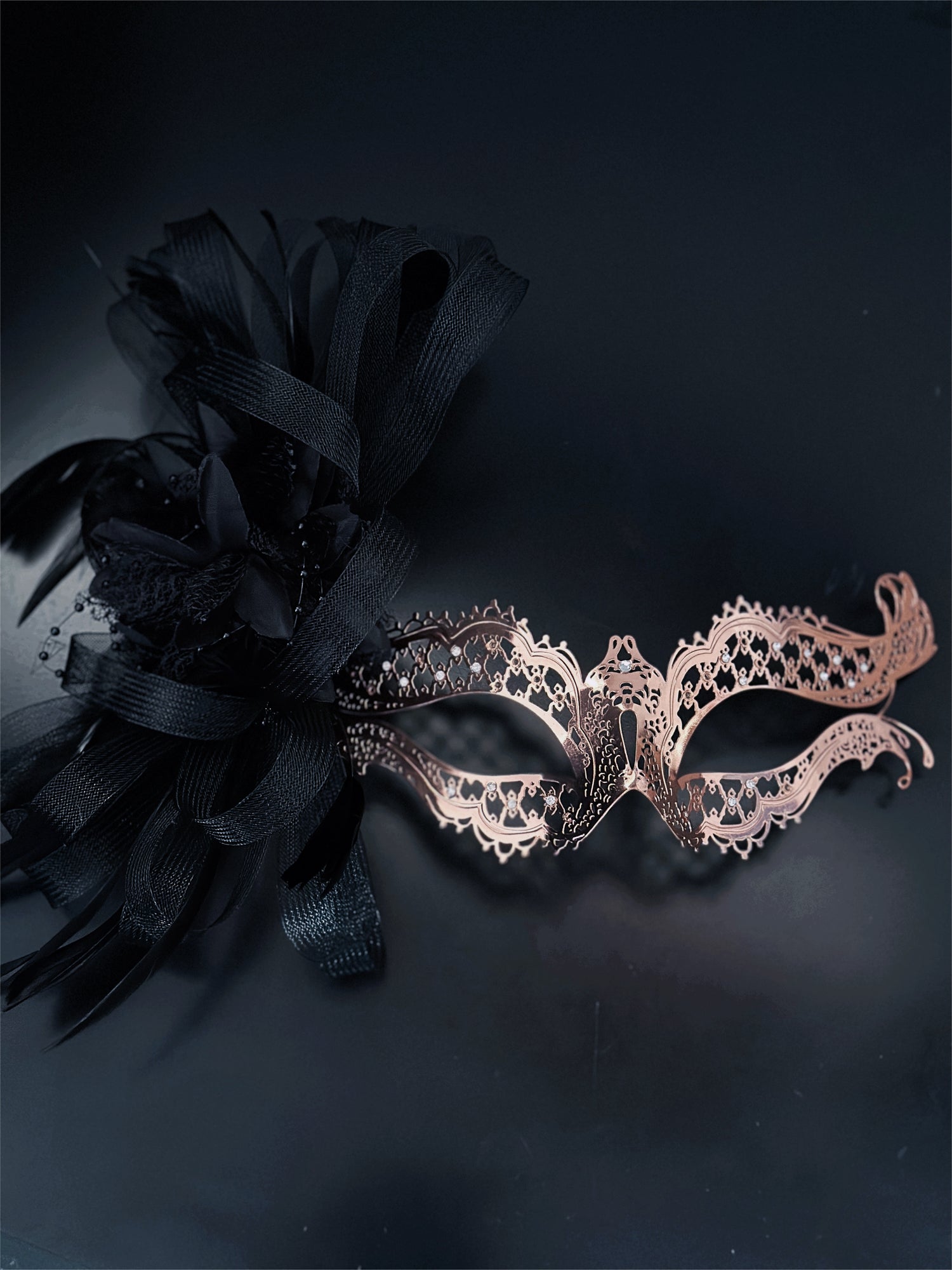 Katherine Rose Gold Metal Mask - Black Tulle