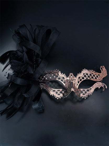 Katherine Rose Gold Metal Mask - Black Tulle