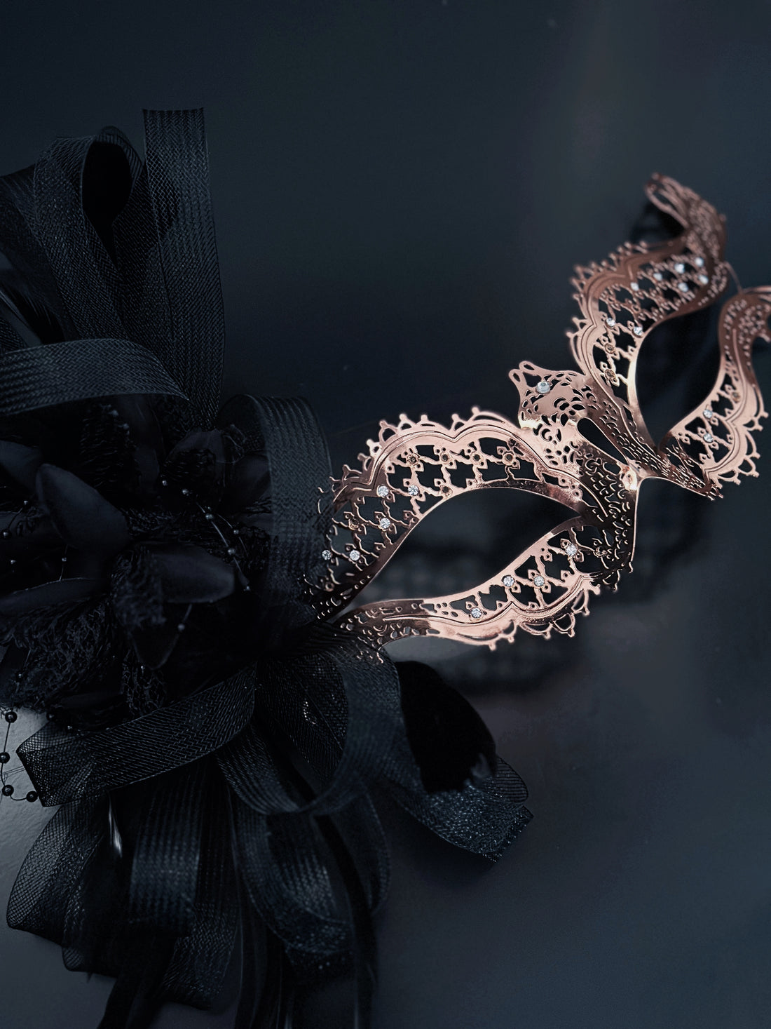Katherine Rose Gold Metal Mask - Black Tulle