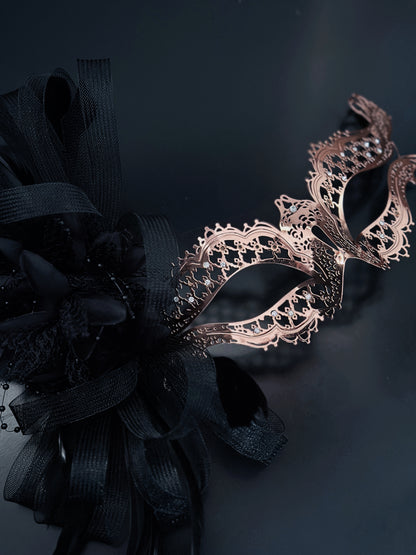 Katherine Rose Gold Metal Mask - Black Tulle