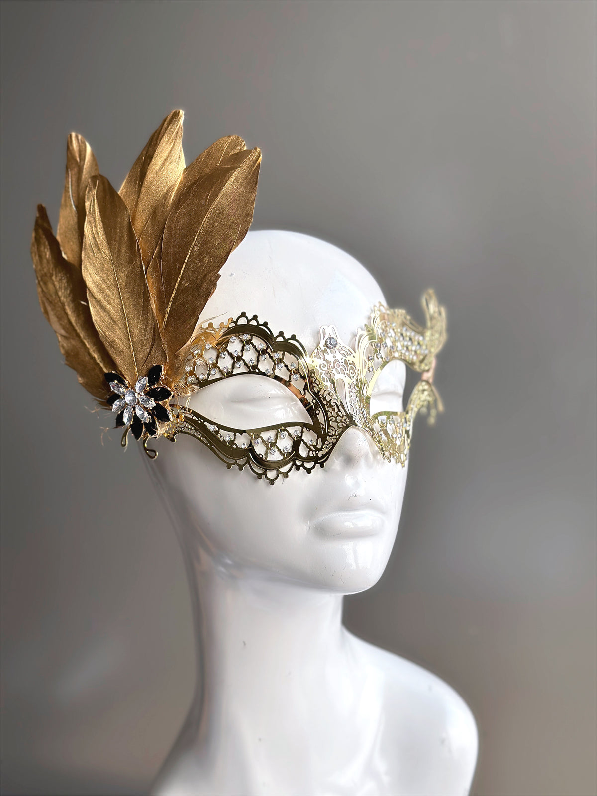 Womens Masquerade Mask Metal Feather Gold | Masquerade Store