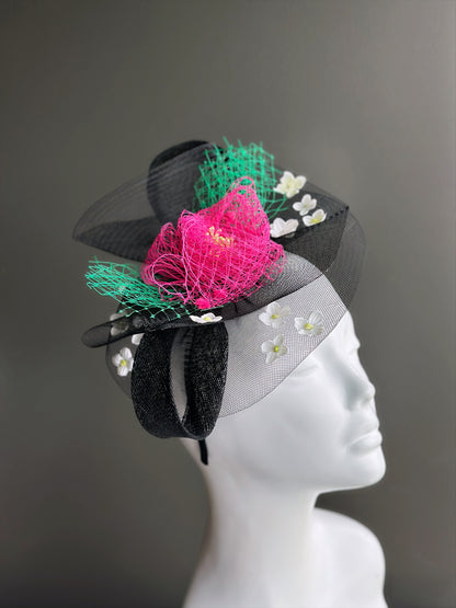 Floral Tulle Fascinator - Black Pink Green