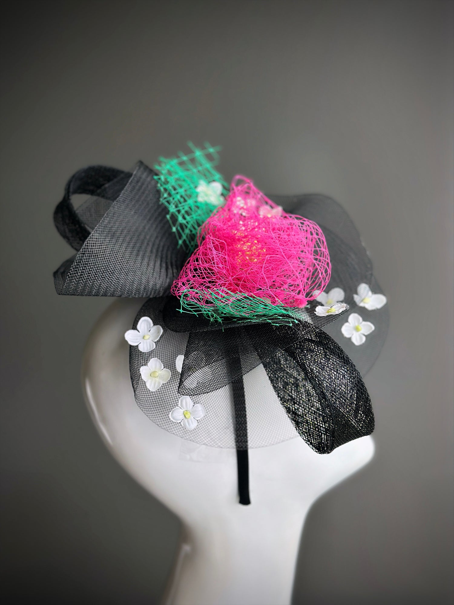 Floral Tulle Fascinator - Black Pink Green