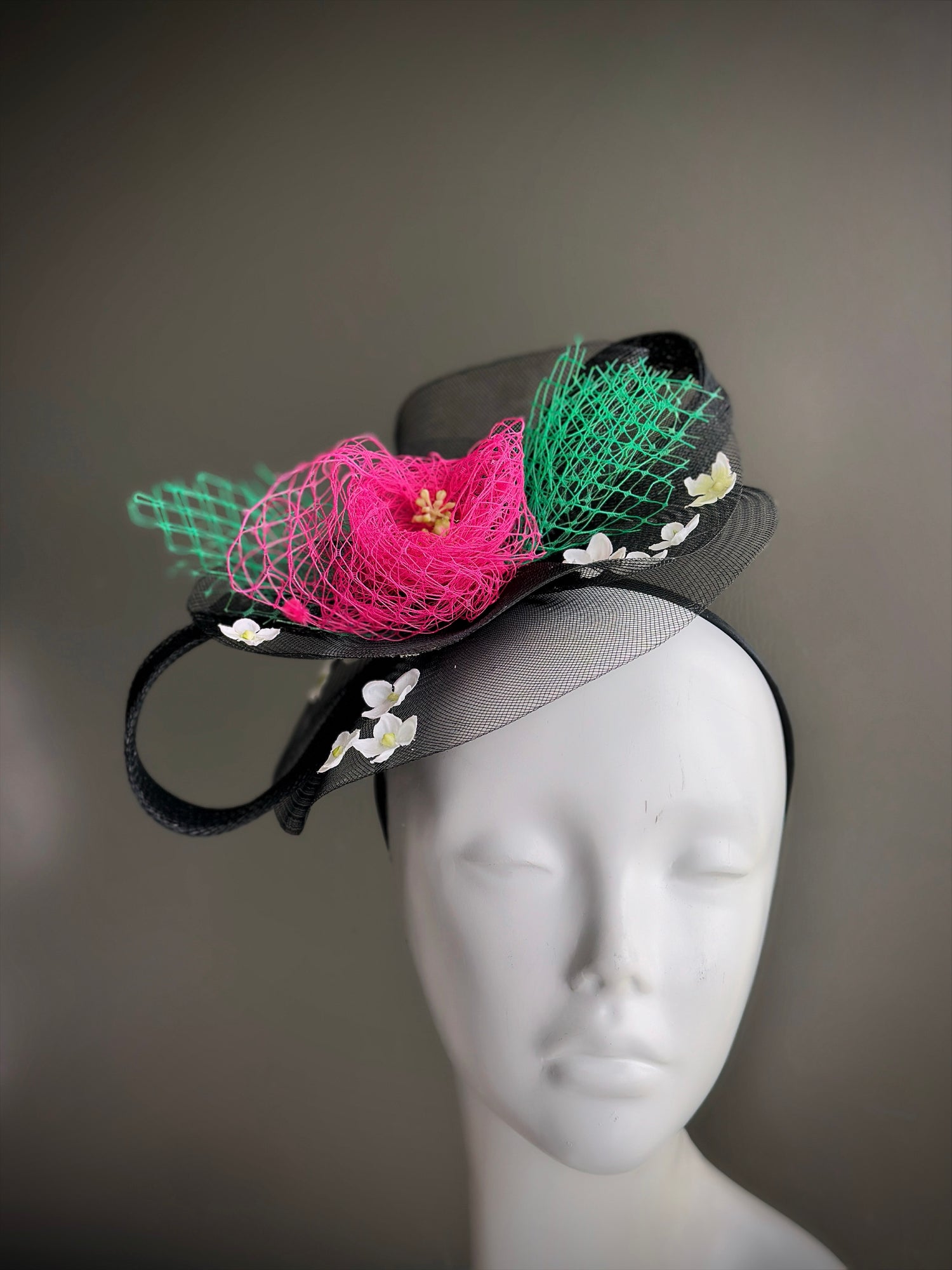Floral Tulle Fascinator - Black Pink Green