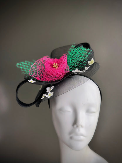 Floral Tulle Fascinator - Black Pink Green