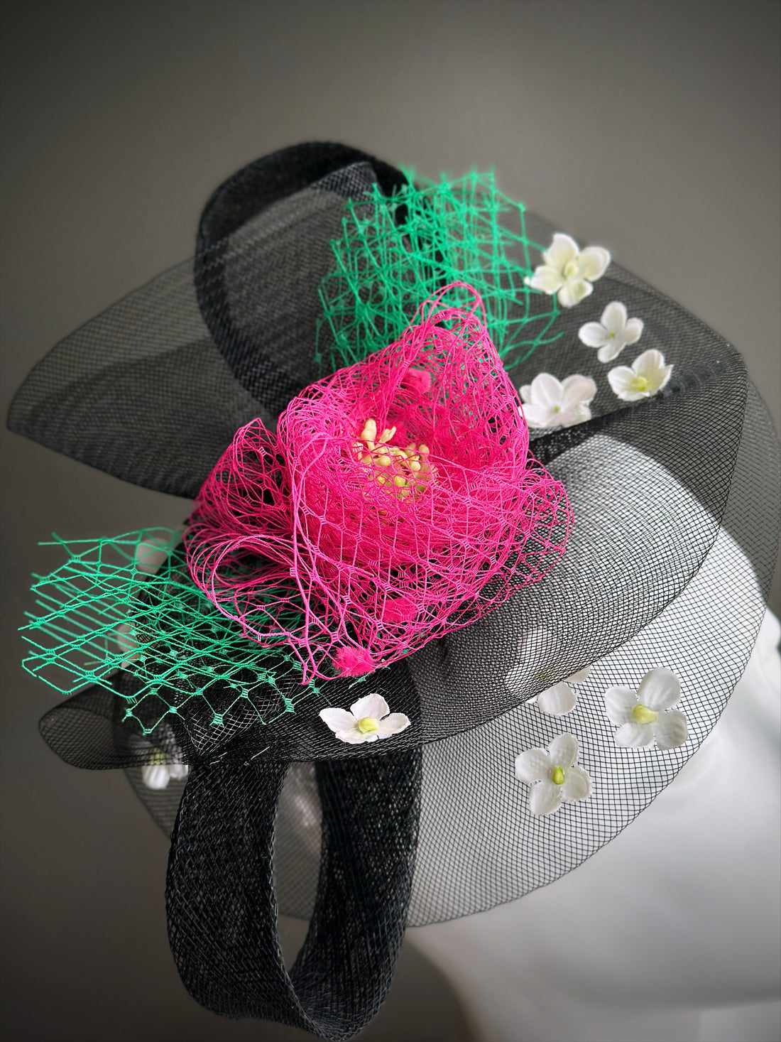 Floral Tulle Fascinator - Black Pink Green