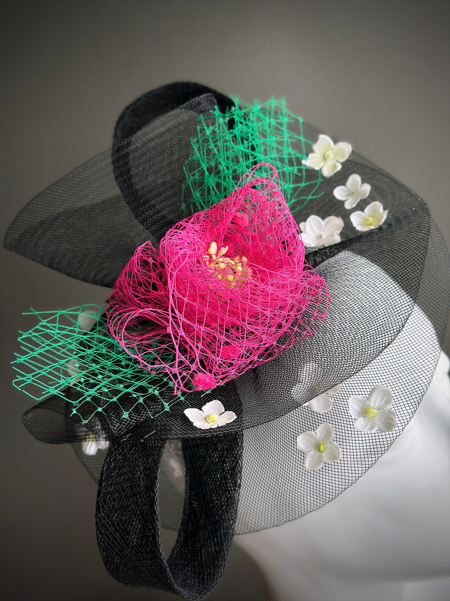 Floral Tulle Fascinator - Black Pink Green