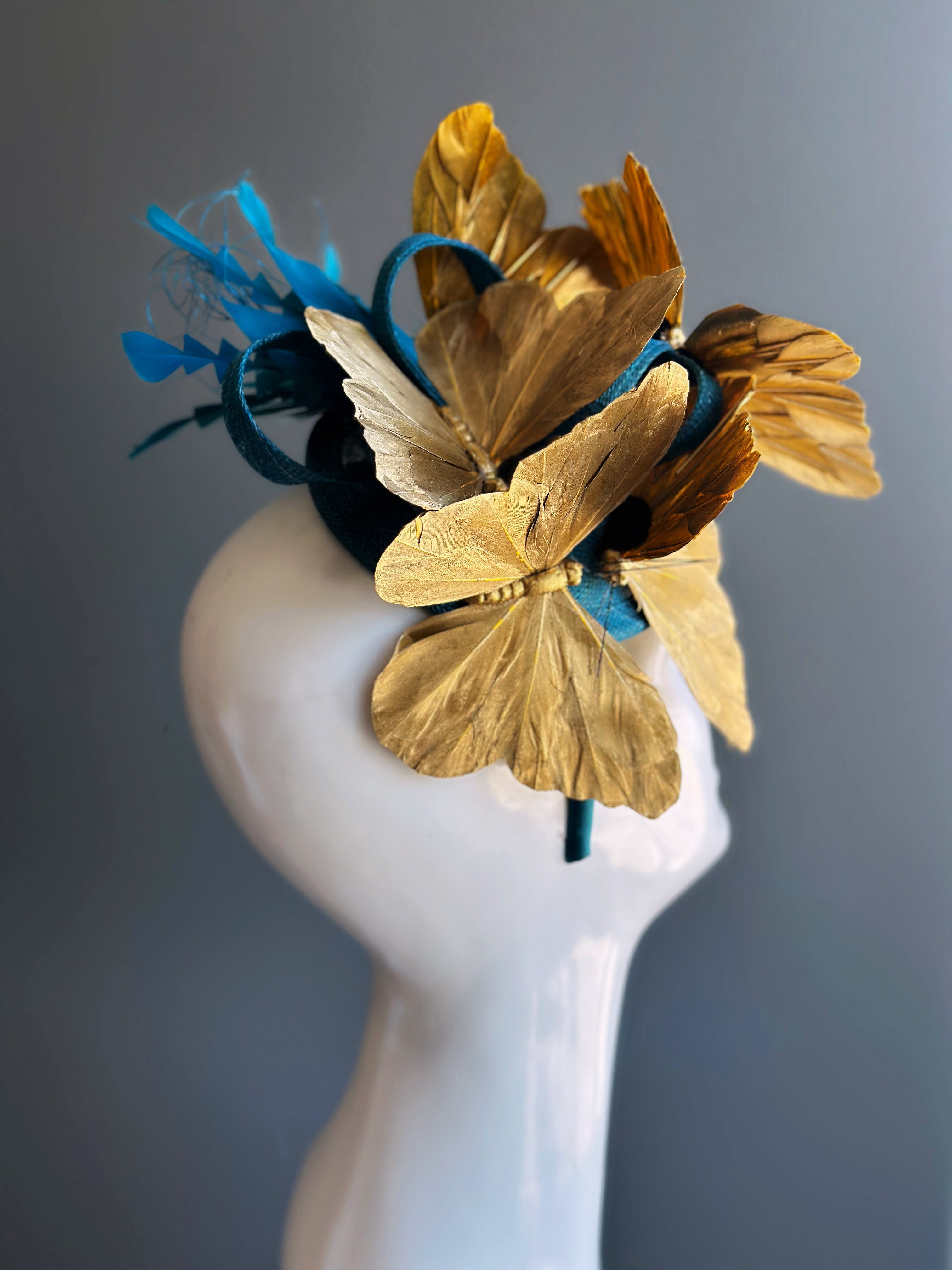 Tea Party Hat Butterfly Fascinator Teal Gold