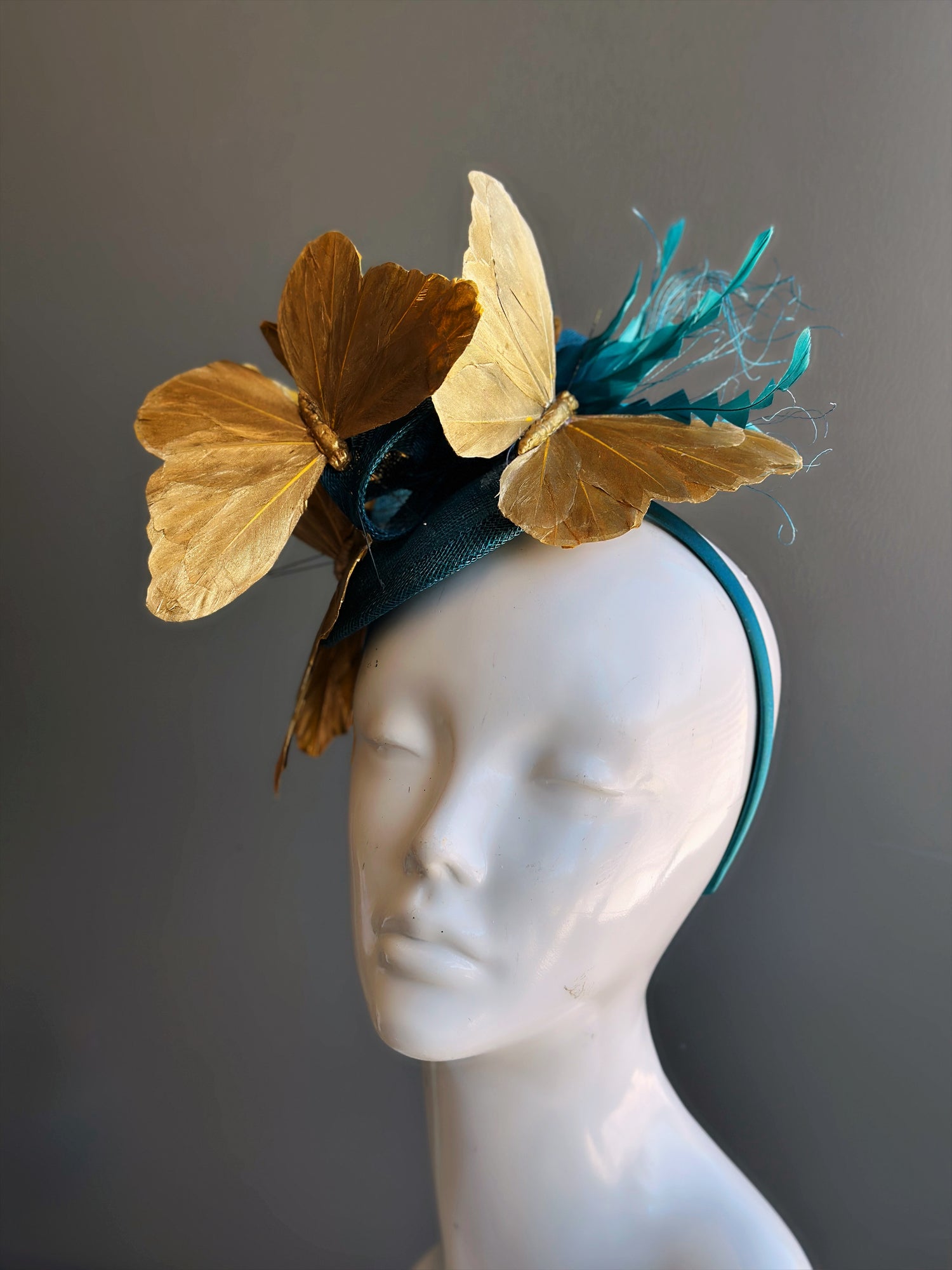 Tea Party Hat Butterfly Fascinator Teal Gold