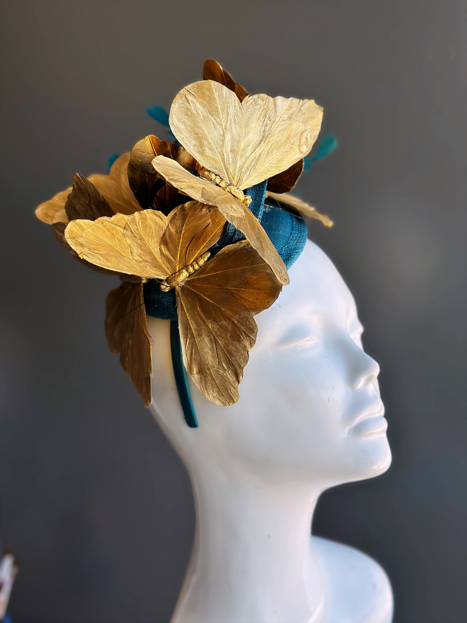 Tea Party Hat Butterfly Fascinator Teal Gold