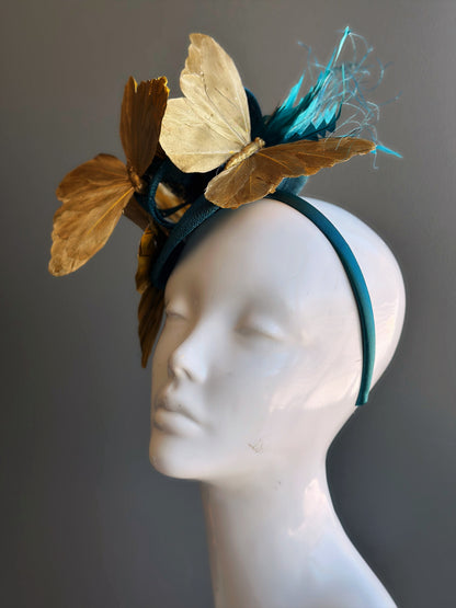 Tea Party Hat Butterfly Fascinator Teal Gold