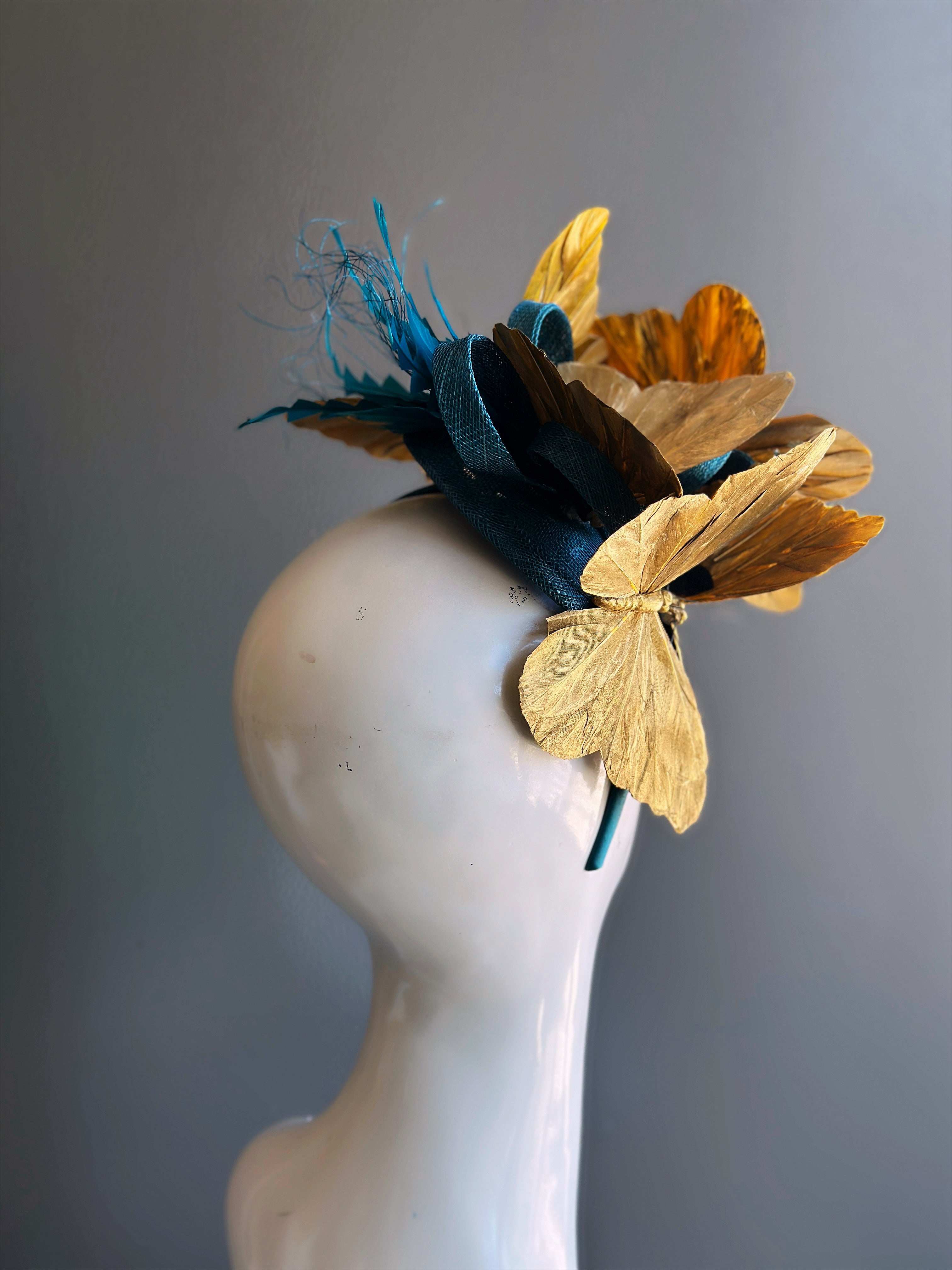 Tea Party Hat Butterfly Fascinator Teal Gold