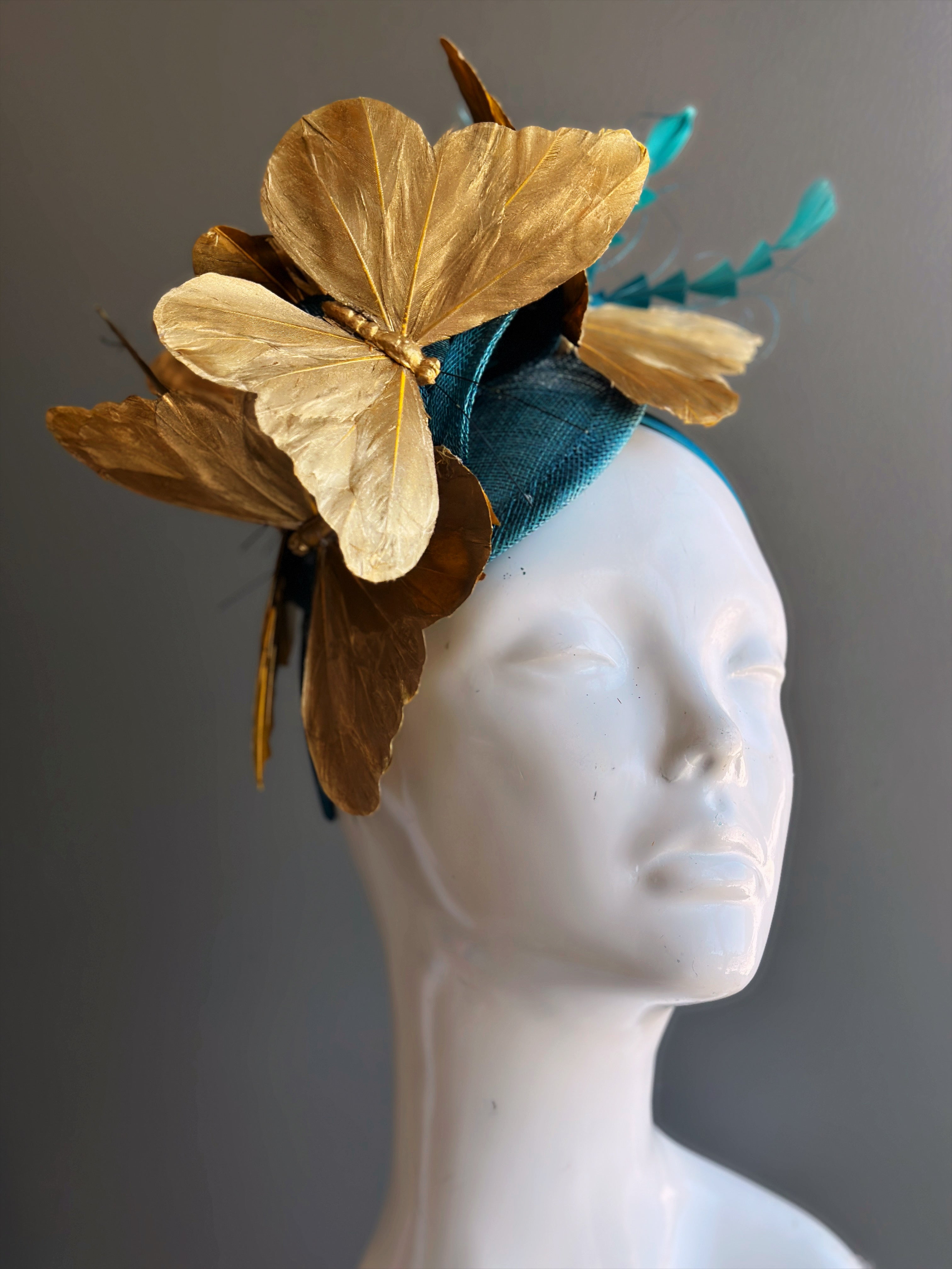 Tea Party Hat Butterfly Fascinator Teal Gold