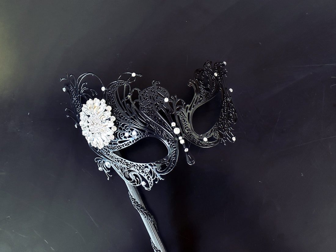 Swan Rhinestone Handheld Mask - White Brooch