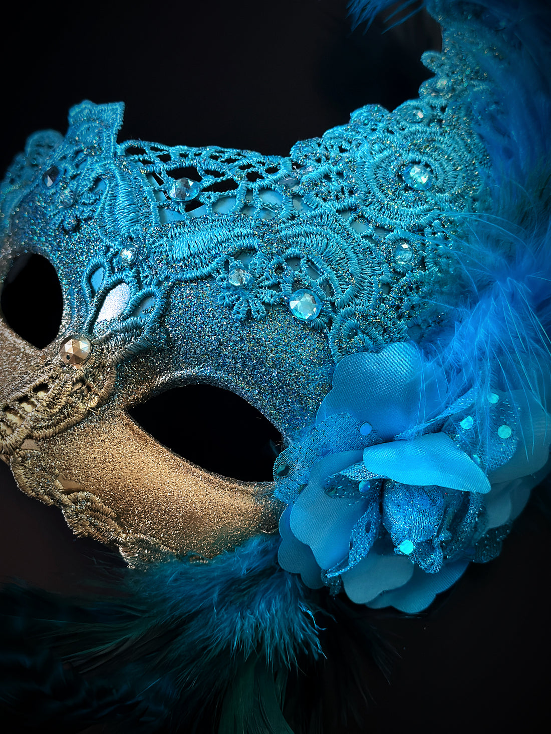 Brocade Feather Mask - Turquoise Gold