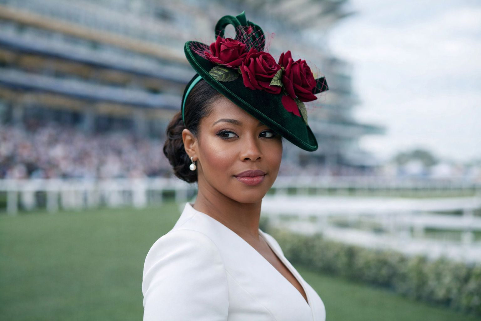 Green Velvet with Red Rose Fascinator Hat