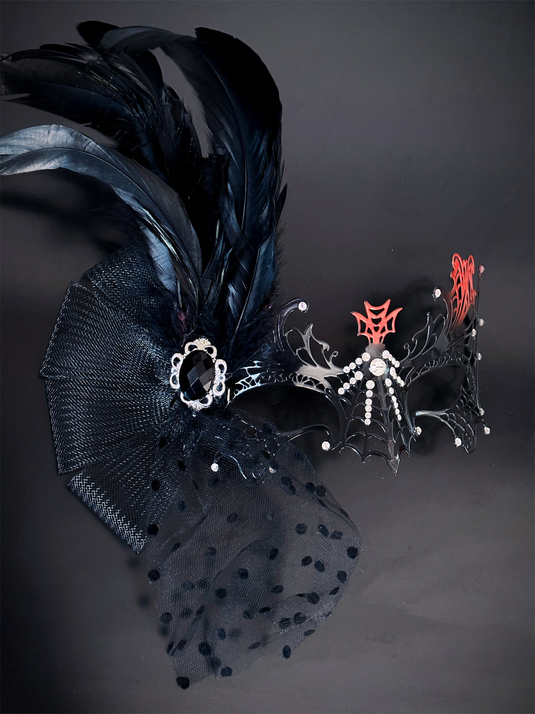 Spider Web Feather Mask - Black/Red
