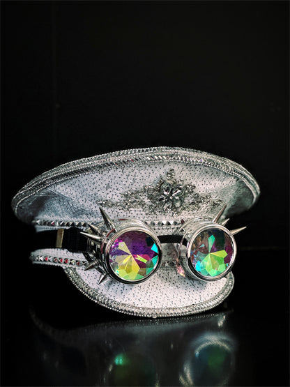 Captain Hat With Spiked Goggles - White/Silver