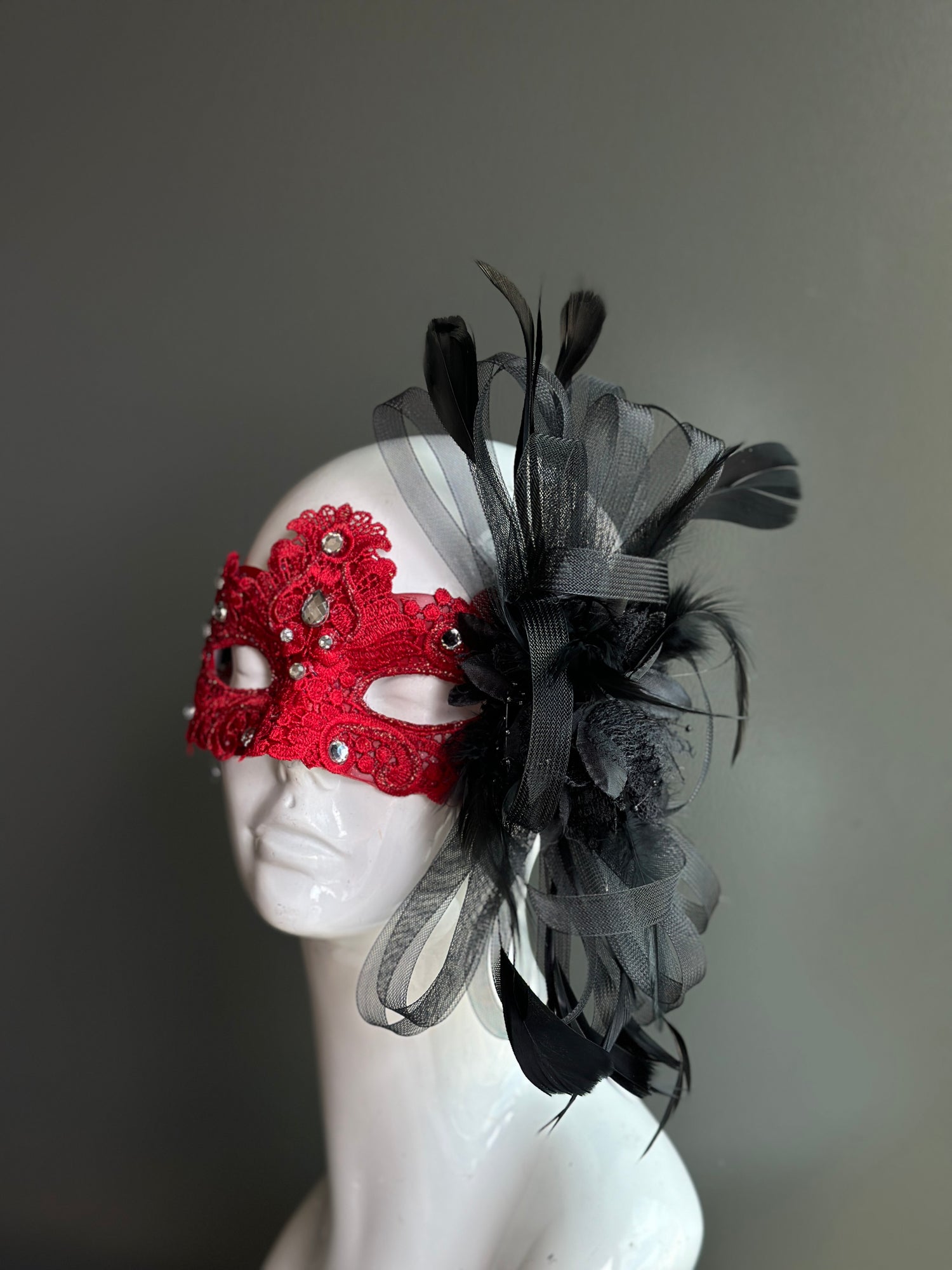 Red Brocade Mask- Black Tulle