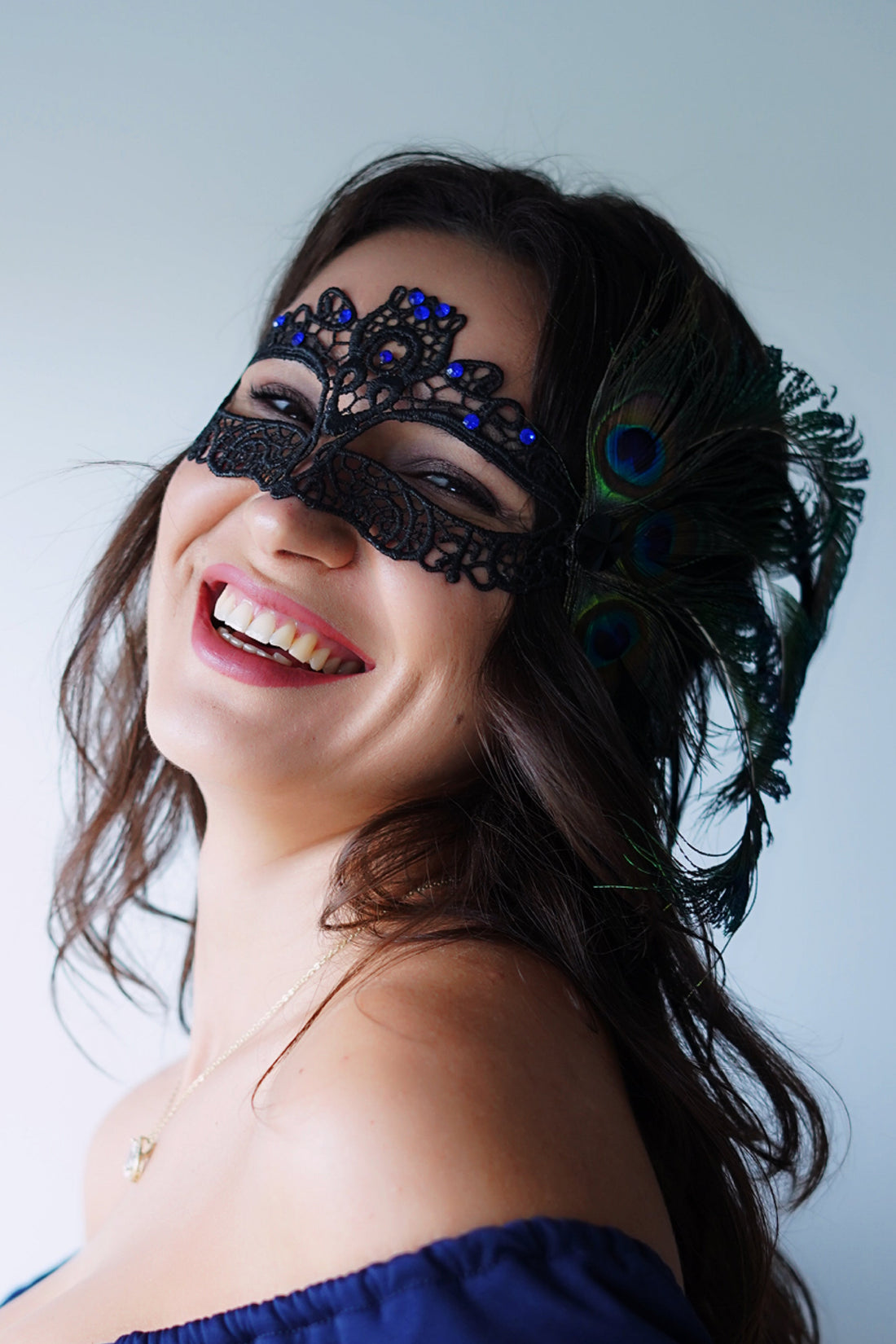 Crown Lace Mask - Black - Peacock Feathers With Rhinestones