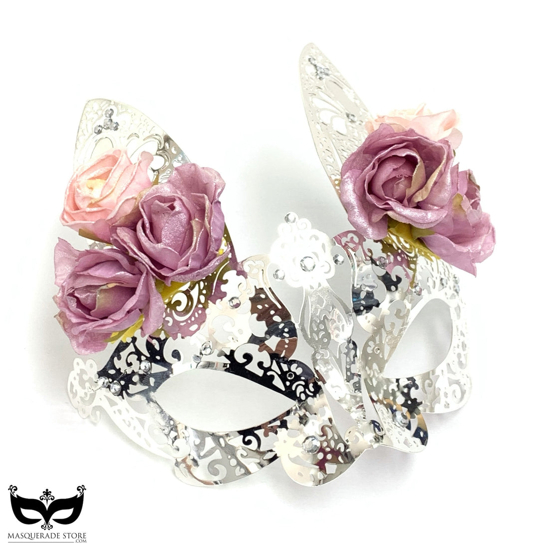 Silver metal bunny masquerade mask for kids with roses and rhinestones.