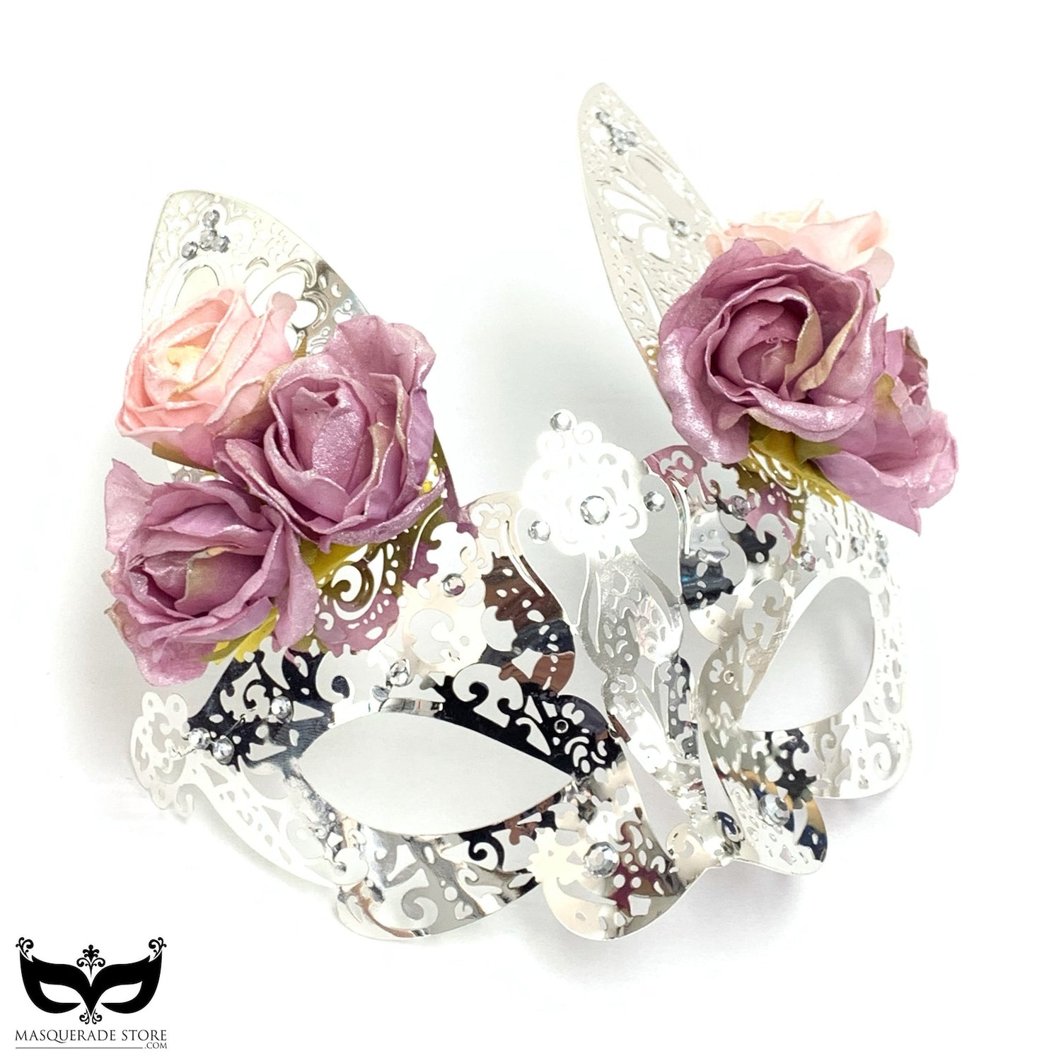 Silver metal bunny masquerade mask for kids with roses and rhinestones.