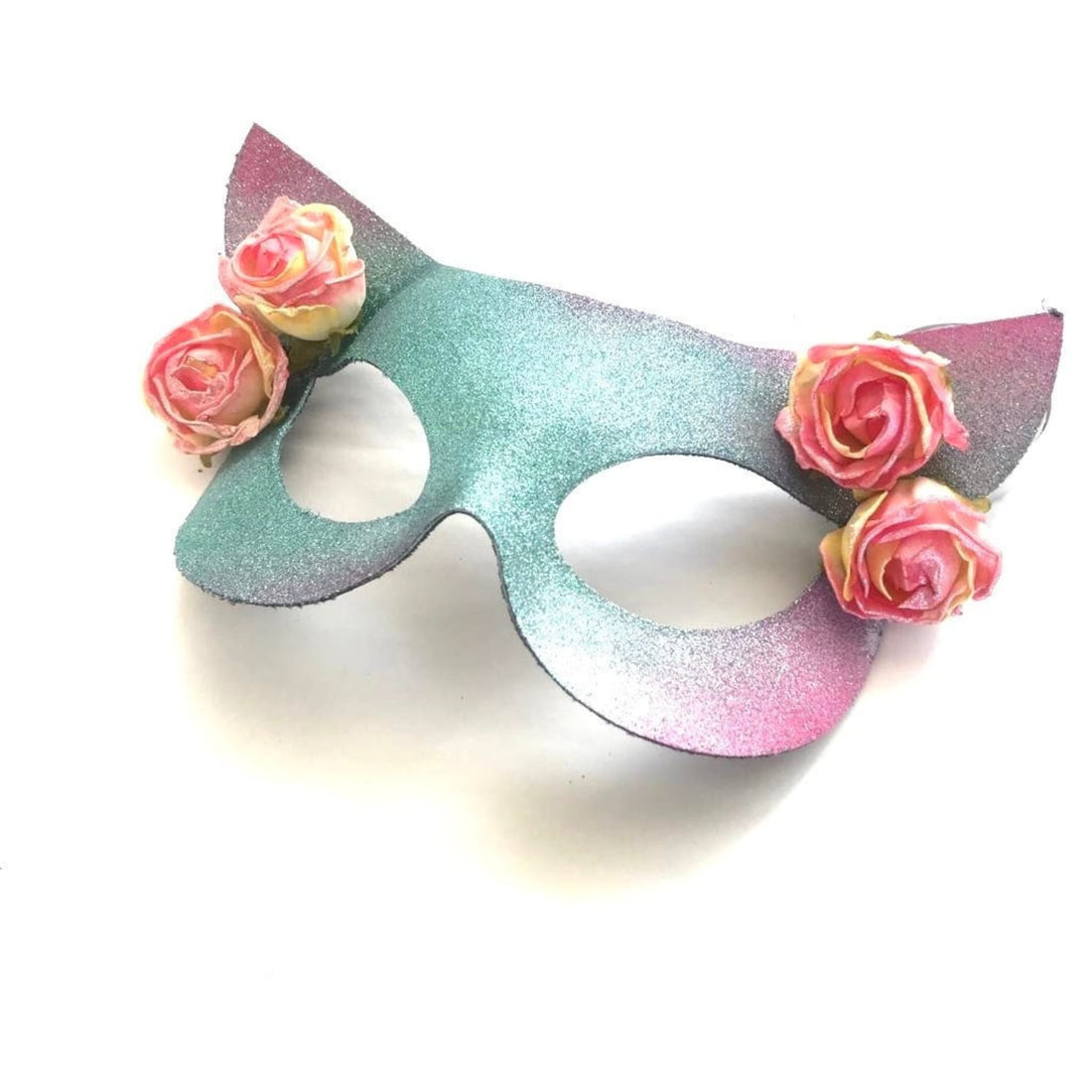 Cat masquerade mask for kids in blue and pink with pink roses.