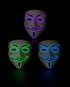 Bulk LED Anonymous-style masks with glowing blue, green, and purple EL wire for Halloween, cosplay, glow parties, and themed events.