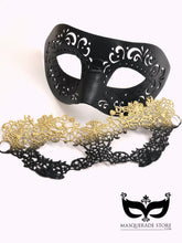Leather and Lace couples masquerade mask set with black leather-style men’s mask and black & gold lace women’s mask.