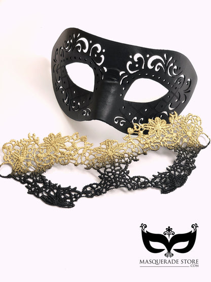 Leather and Lace couples masquerade mask set with black leather-style men’s mask and black &amp; gold lace women’s mask.