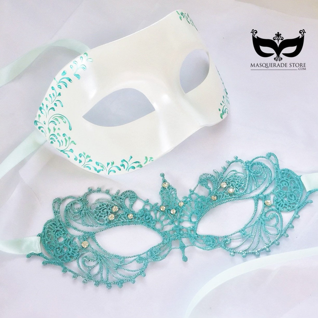 Light blue couples masquerade mask set with lace, rhinestones, and white painted accents.