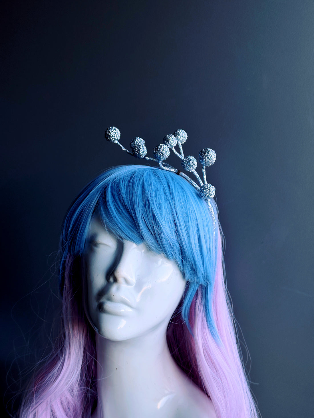 Elegant light blue crystal crown with frosted berry branches, perfect for masquerade, fantasy cosplay, winter weddings, or holiday parties.