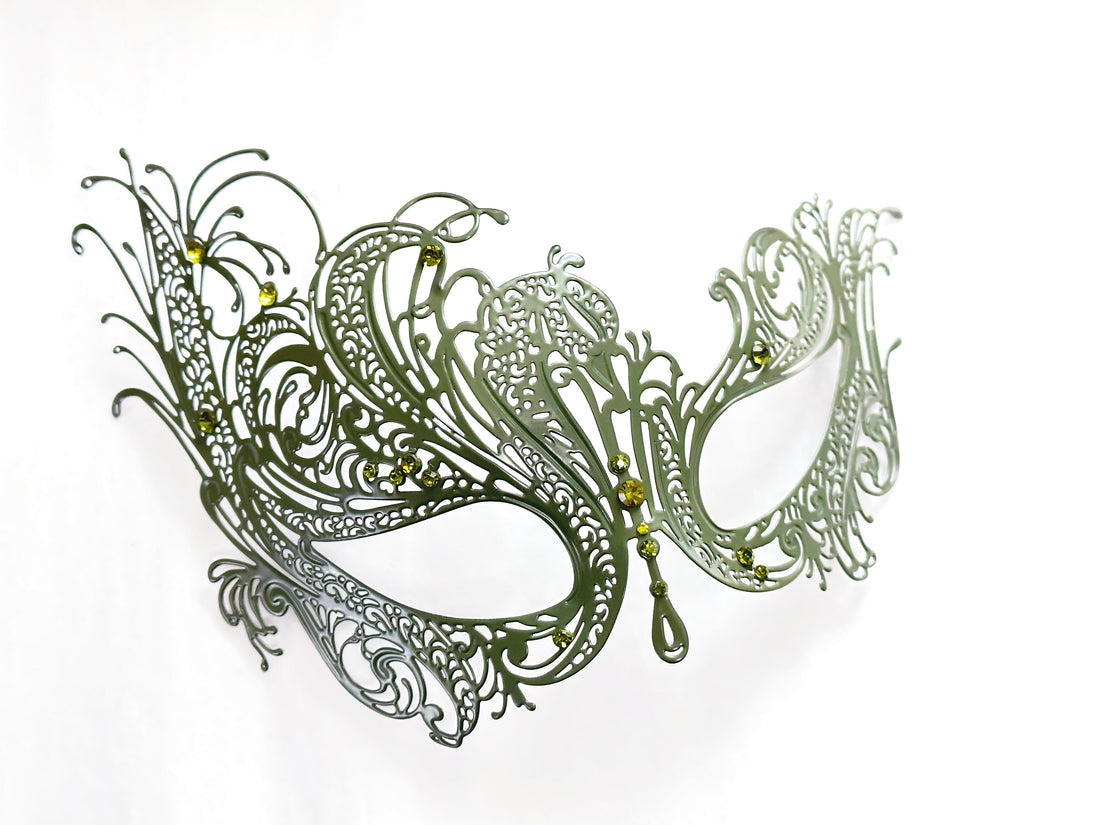Green swan filigree metal masquerade mask with green rhinestones