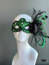 Green lace masquerade mask with iridescent crystal accents styled for formal masquerade balls and evening galas.