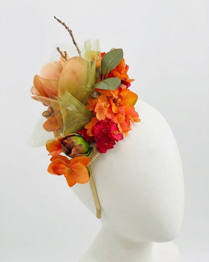 Magnolia Ember Fascinator - Peach &amp; Red