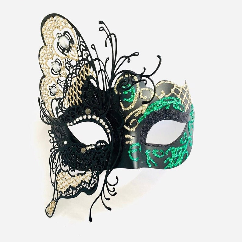 Mardi Gras butterfly masquerade mask in black with green and gold glitter.