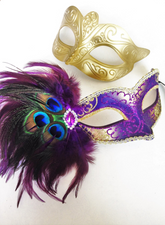 Mardi Gras masquerade mask set with gold baroque men’s mask and purple peacock feather women’s mask.